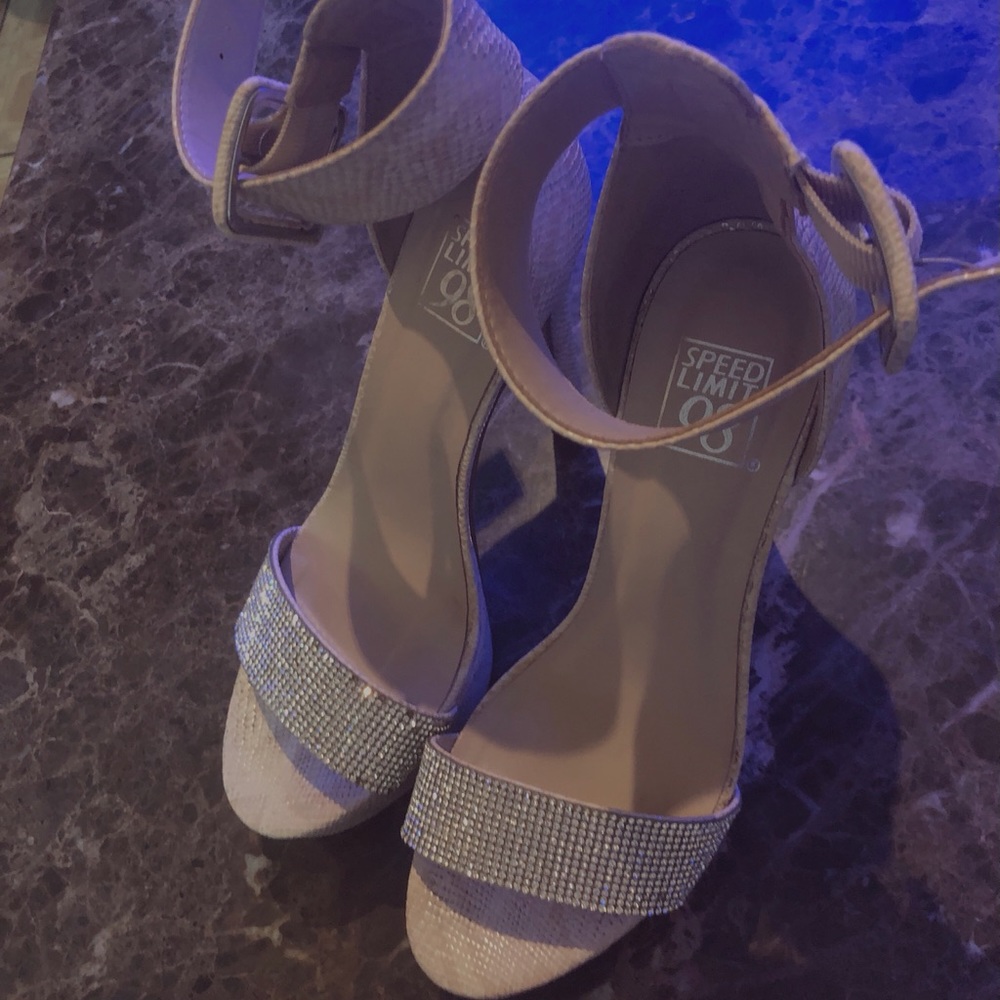 Speed Limit 98 light pinkish / cream heels with diamonds.